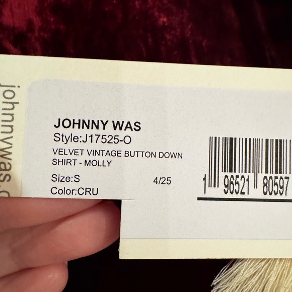 Johnny Was Burgundy Velvet Embroidered Peacock Button Down Blouse S NWT Boho - Picture 9 of 11